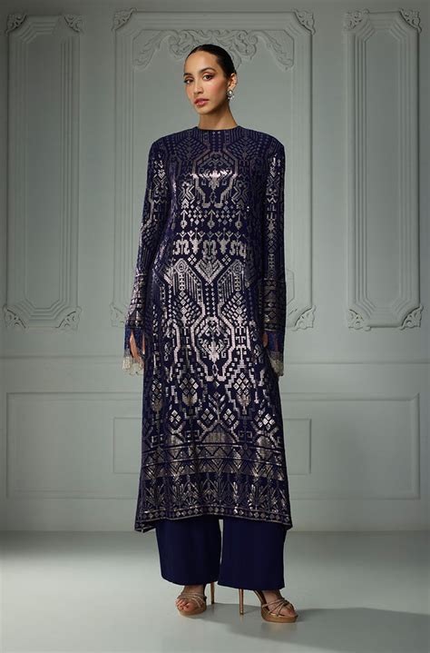 Midnight Blue Aztec Sequin Embroidered Kurta Set – Manish Malhotra
