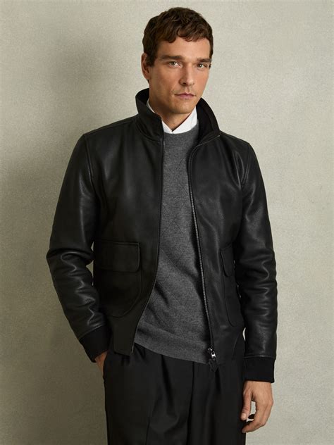 Reiss Pebbled-Leather Funnel-Neck Jacket in Black - REISS