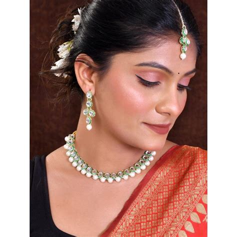 Buy VOJ White Pearl Kundan Necklace And Earring With Manag Tikka ...