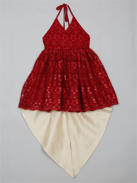 Saka Designs Maroon and Ivory Halter Neck Dhoti Jhabla For Girls