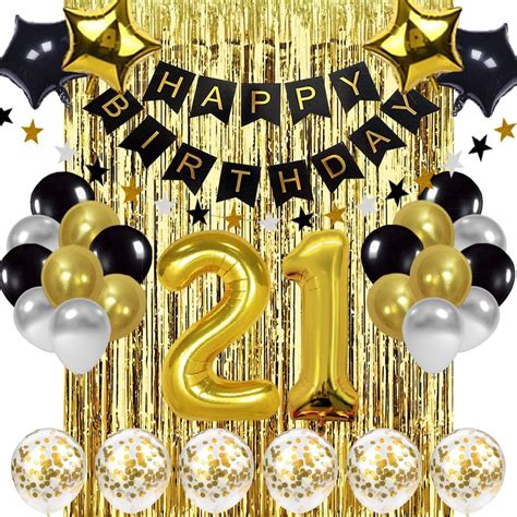 Buy Black and Gold 21th Birthday Decorations Banner Balloon, Happy ...