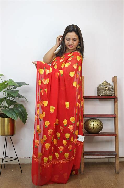 Red Embroidered Kashmiri Aari Work Georgette Saree - Luxurionworld