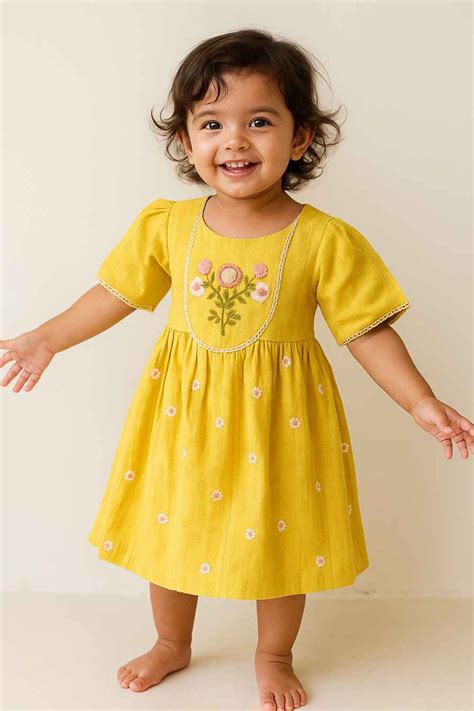 Mustard Yellow Cotton Embroidered Dress For Girls – Lagorii Kids