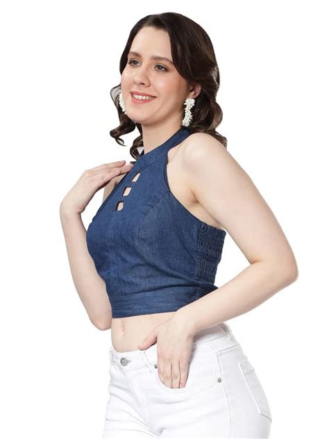 Buy NUEVOSDAMAS Women Denim Halter Neck Crop Top Blue at Amazon.in