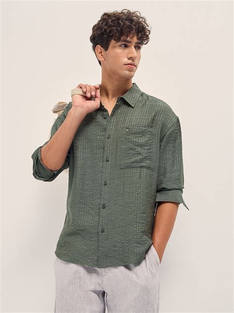 Shop Green Crinkled Stripe Textured Relaxed Fit Long Sleeve Shirt ...