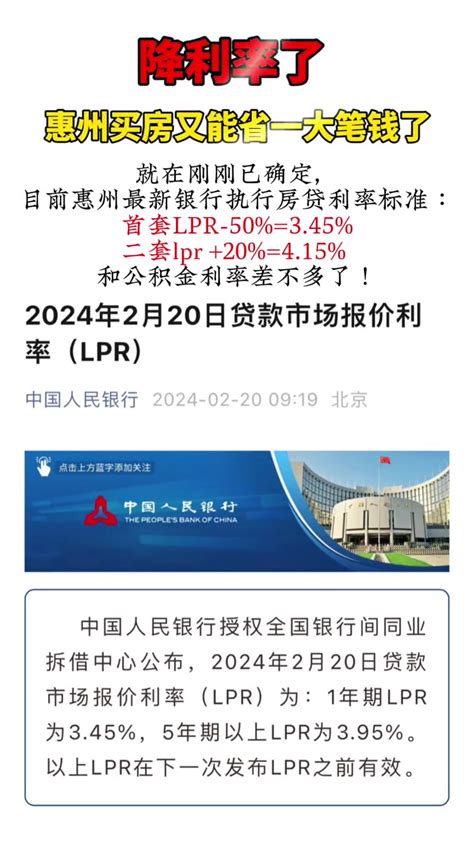 就在刚刚已确定，目前惠州最新银行执行房贷利率标准！首套LPR-50%=3.45%二套lpr+20%=4.15% 和公积金利率差不多了！买房又 ...