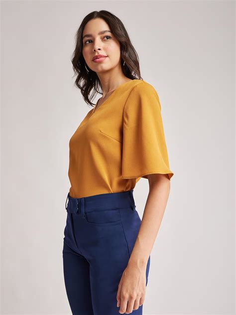 Buy Mustard V Neck Bell Sleeves Top Online | FableStreet