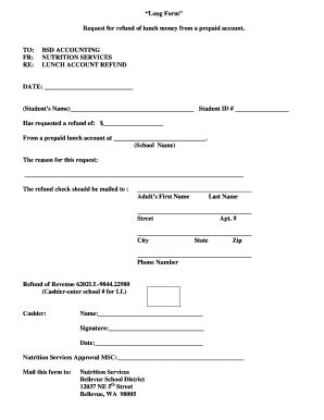 Fillable Online bsd405 Long Form Request for refund of lunch money from ...