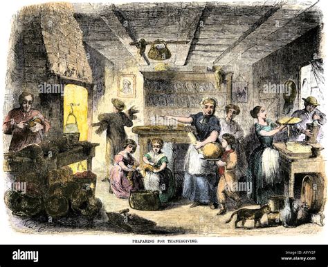 Family preparing Thanksgiving dinner 1850s. Hand-colored woodcut Stock ...