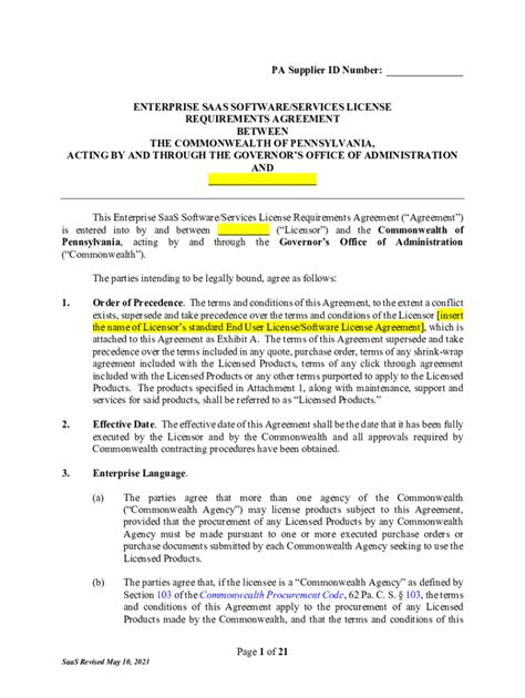 Fillable Online Appendix I, Enterprise SaaS Software Services License ...