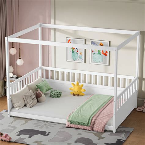Astoria Grand Canopy Bed Frame With Guardrails For Kids,Floor Bed Full ...