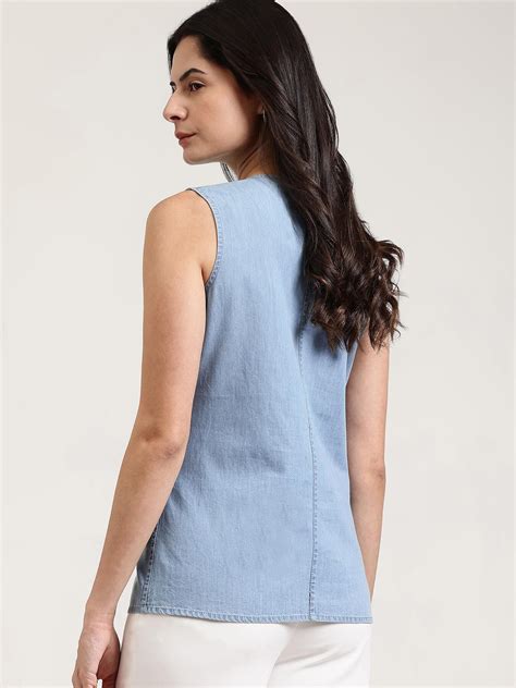 Buy Light Blue Denim Round Neck Waistcoat Online | FableStreet
