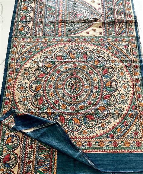 Bluish Grey Half and Half Madhubani Hand Painted Tussar Ghicha Silk ...