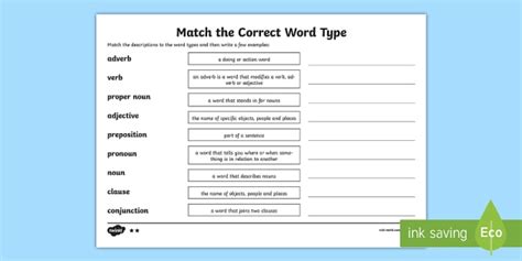 Match the Correct Word Class Worksheet - Twinkl