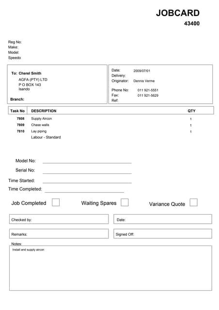Image result for Job Card Process Examples