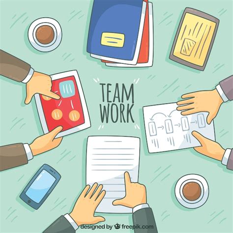 Teamwork with hand drawn office table | Free Vector