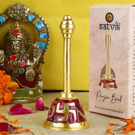 SATVIK 4 Inch Pure Brass Embossed Indian Handheld Puja Ringing Hindu ...