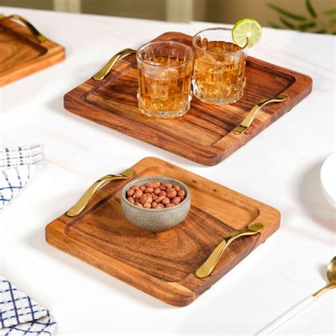 Square Wood Serving Tray With Gold Handles Set Of 2 Online - Premium ...