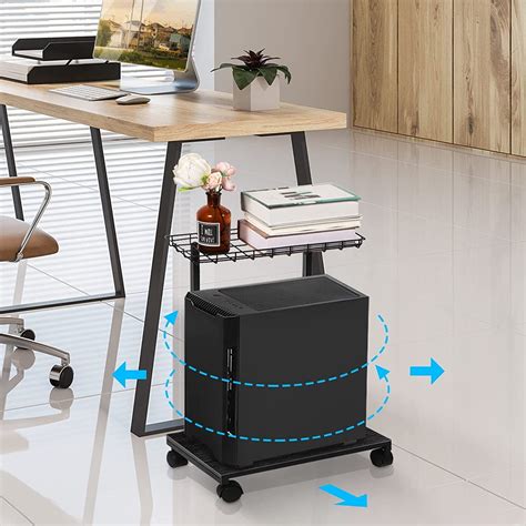 Computer Tower Stand, 2-Tier Mobile CPU Tower Stand w/ Wheels & Basket ...