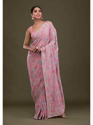 Buy Koskii Pink Embroidered Thread Work Georgette Saree with Unstitched ...