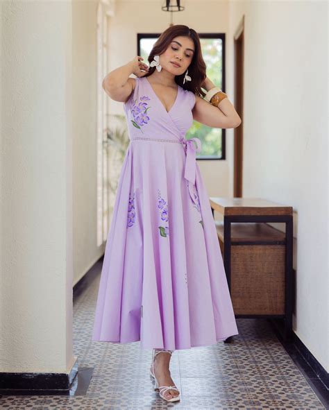 Shop Varnish Lavender Handpainted Cotton Dress for Women Online in ...