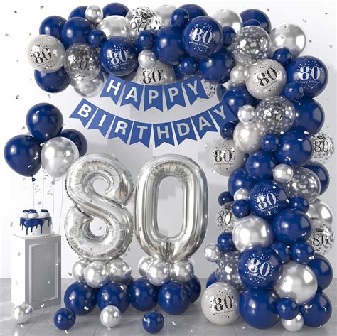 Amazon.com: 80th Birthday Decorations Navy Blue Silver,80th Balloon ...