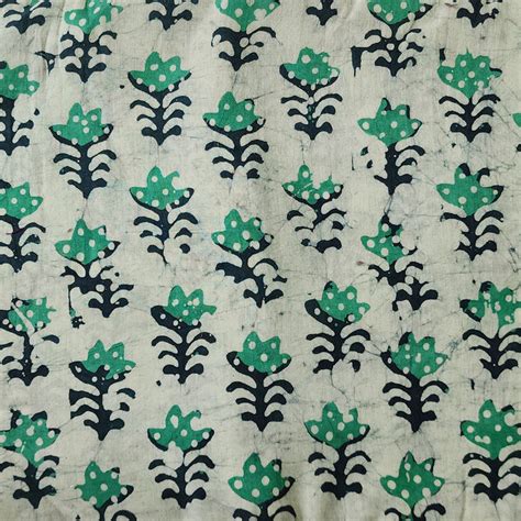 Pure Cotton Moum Batik Off White With Green Flower Motif Hand Block Pr ...