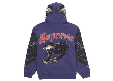 Men's Supreme Panther Zip Up Hooded Sweatshirt in Washed Navy Blue ...