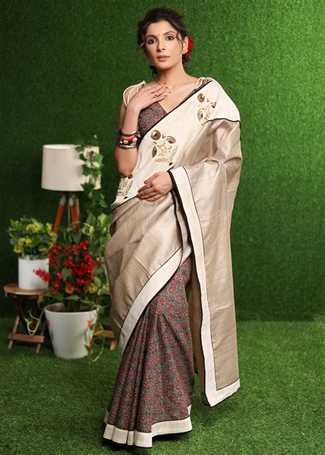 Graceful Tusser silk & Ajrakh combination saree with delicate beige si ...