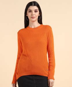METRONAUT Self Design Round Neck Casual Women Orange Sweater - Buy ...