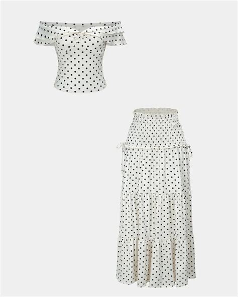 Polka Dots Print Ruched Off Shoulder Top And Tie-Up Skirt Set ...
