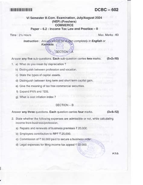 DCBC 602 VI Sem B.Com Income Tax Law & Practice II Exam Guide 2024 ...