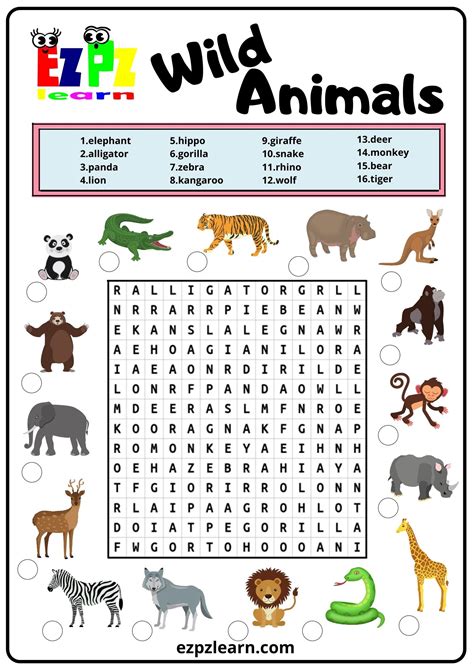 Wild Animals Word Search 2 - Ezpzlearn.com - Worksheets Library