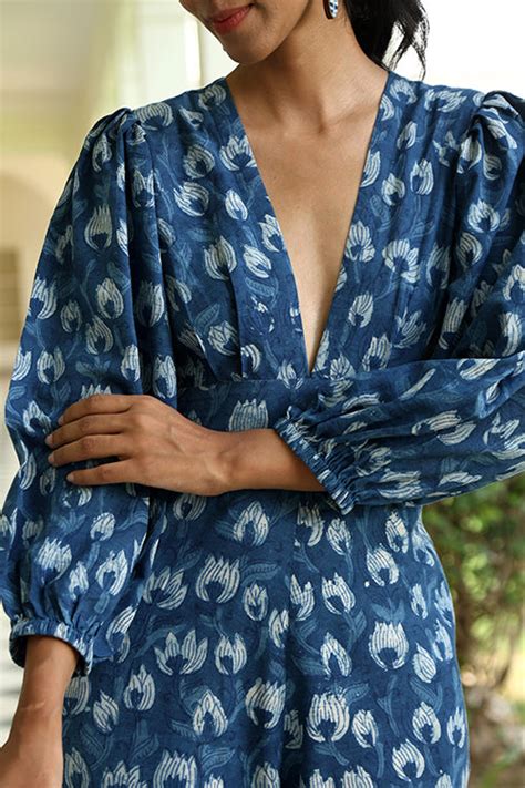 Okhai "Delphini" Handblock Printed Pure Cotton Indigo Jumpsuit – Okhaistore