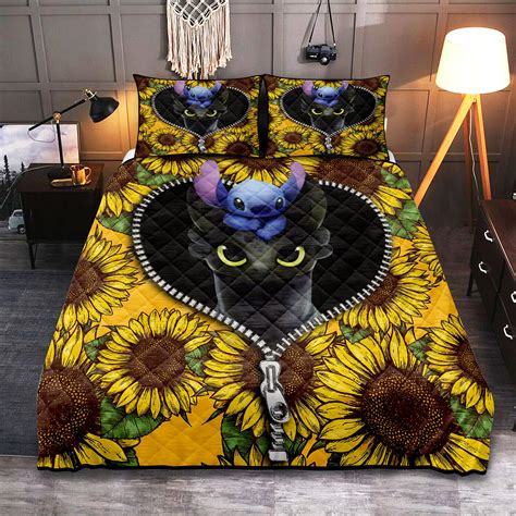 Toothless And Stitch Sunflower Zipper Quilt Bed Sets - Nearkii