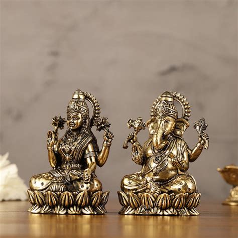 Brass Superfine Ganesha Lakshmi Idols - 4.25" Height | Intricate Light ...