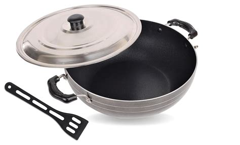 NELKON | Nonstick Deep Kadhai | Kadhai with Stainless Steel | Flat ...