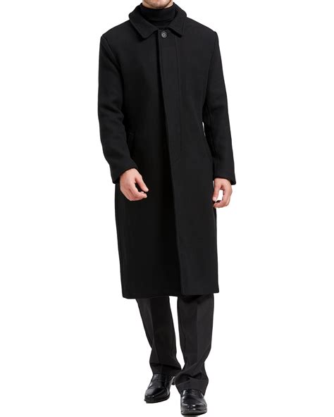 Mens Black Long Wool Cashmere Overcoat Single Breasted Hidden Buttons ...