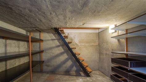 Concealed door behind staircase leading to secret basement; homeowner ...