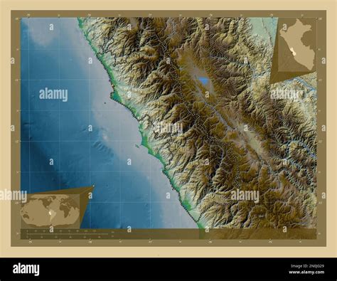 Lima, region of Peru. Colored elevation map with lakes and rivers ...