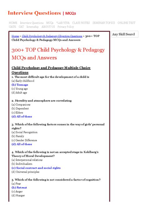 300+ TOP Child Psychology & Pedagogy MCQs and Answers - Home » Child ...