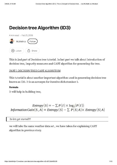 Decision Tree Algorithm (ID3) - Part 2 of ML Tutorial - Studocu