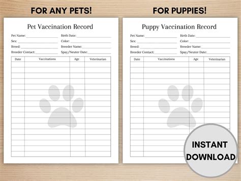 Puppy Vaccination Record, Puppy Shot Record, Pet Vaccination Form, Dog ...