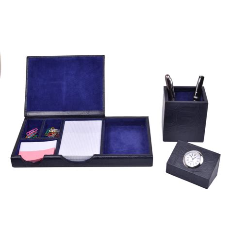 Blue Leather Desktop Accessory Accessories | Office Desk Organizer ...