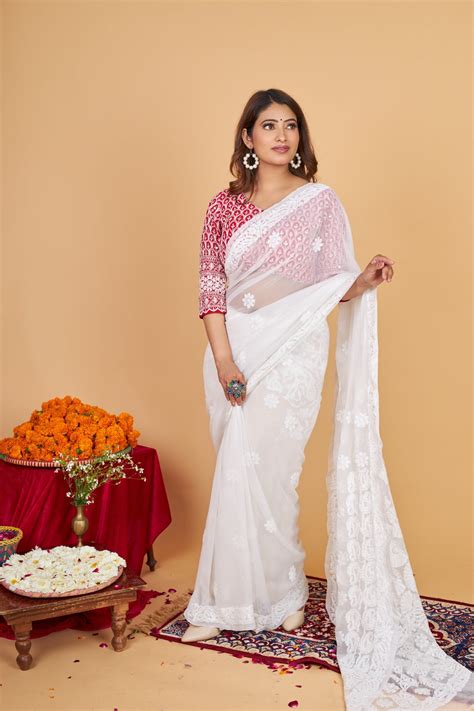 Georgette Chikankari Saree - WHITE – Paridhan Chikan Exclusive