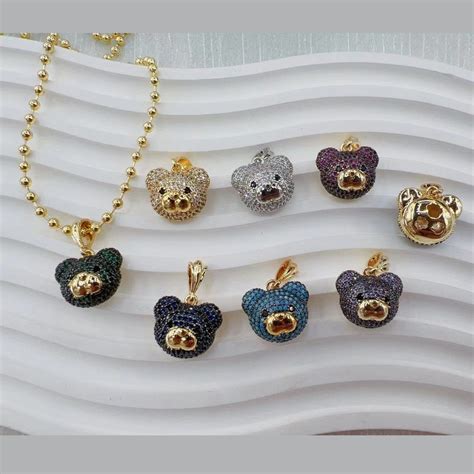 Turquoise Blue Teddy Bear Cubic Zirconia 18K Gold Pendant Links Chain ...