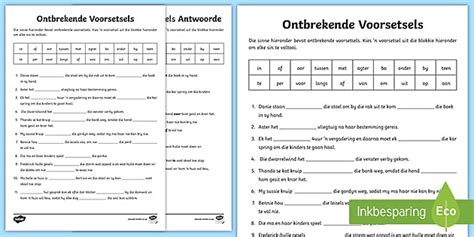 Ontbrekende Voorsetsels Aktiwiteit - Voorsetsels Werkkaarte