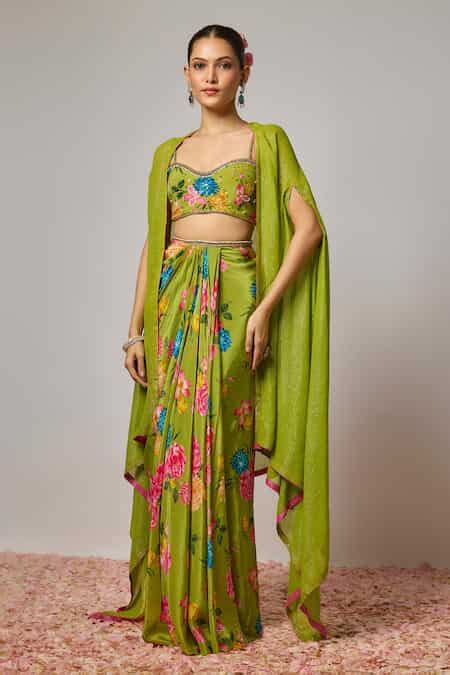 Buy Green Crepe Sequins, Beads, Embroidery Floral Hand Cape Draped ...