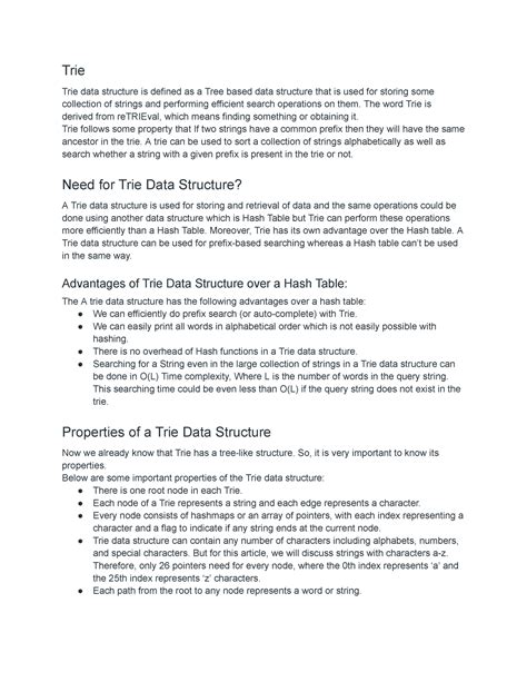 Trie & Skip List - Content - Trie Trie data structure is defined as a ...