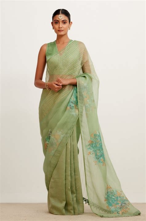 Devnaagri - Sage Green Hand-Painted Organza Saree